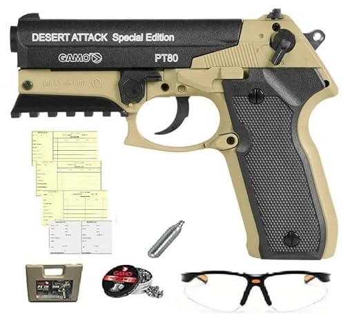 Pistola Gamo PT-80 Desert Attack, CO₂ 12 g, 4.5 mm. Incluye Tarjeta DE Armas, Maletín, Balines, Cargadores, Bombona y Gafas Protectoras