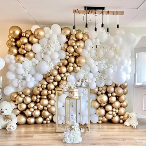 Image of 412Pcs White and Gold Balloon Arch Kit,18 12 10 5 Inch Gold balloons White Metallic Gold Latex Different Sizes Balloon Garland kit for Birthday Anniversary Wedding Baby Shower Party Decorations