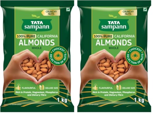 Image of Tata Sampann Pure California Almonds Whole, 1kg, Real Nuts, High In Fiber, Badam Giri, Rich In Protein, Magnesium, Phosphorus And Dietary Fibre, Nuts & Dry Fruits, Value Pack (Pack of 2)