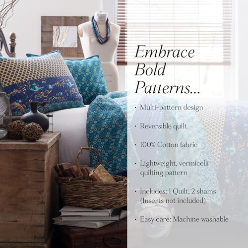 Image of Lush Decor Royal Empire Reversible Cotton Quilt Set, 3 Piece Set King, Peacock - Striped Bedding Set - Floral Quilt King Size - Blue Bedding - Boho Decor