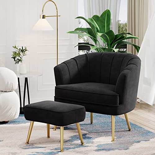 Andeworld Velvet Accent Chair with Ottoman, Upholstered Modern Single Sofa Side Chair,Comfy Barrel Club Living Room Armchair with Golden Metal Legs for Bedroom Living Reading Room Office, Black
