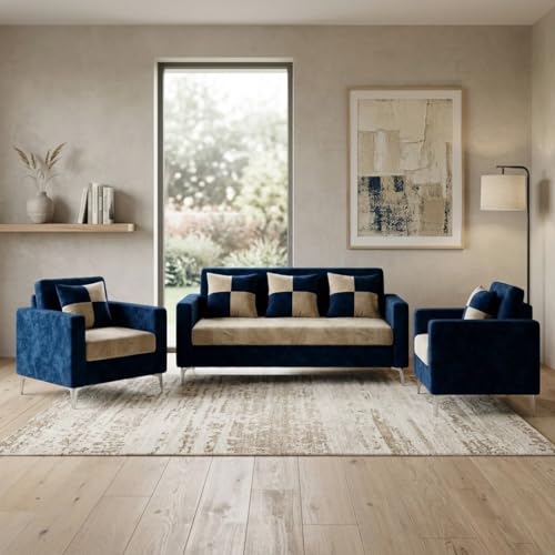 Image of FURNY Lushwood 3 Seater + 1 Seater + 1 Seater Sofa Set (Dark Blue-Cream) | Premium Suede Velvet Fabric Finish | Silver Metal Legs | Durable Comfort Sofa for Modern Living Room & Office Spaces