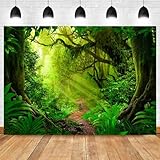 DOTOOMA 7X5FT Green Magic Virgin Forest Background Photography Path Towering Trees Sunlight Natural Style Theme Party Photo Backdrop Cake Table Decoration Supplies Polyester