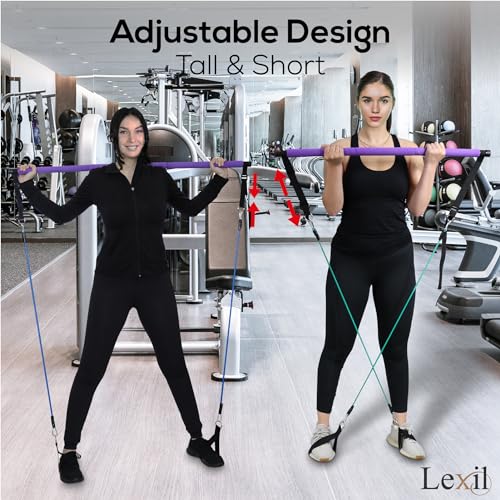 LEXIL Draagbare Pilates Bar Oefenkit - Stapelbaar 3 paar weerstandsbanden (15, 20, 30 lbs) - Home Gym Apparatuur voor Mannen en Vrouwen, Workout Kit voor Body Toning, met Fitness Video (Paars). - Afbeelding 6