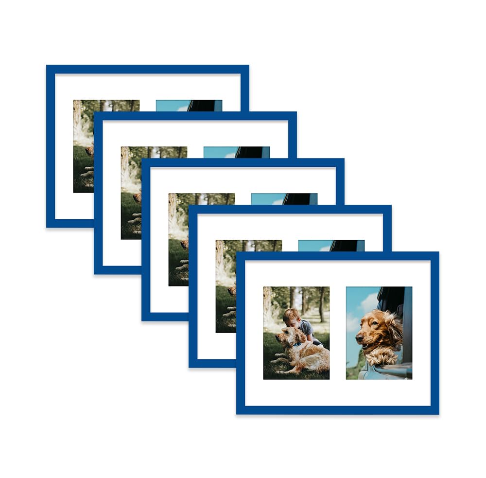 Blue Multi Photo Frame - Holds 2 x 7x5 Pictures, Family Collage Picture Frame for Wall Display, 14x11 Frame size, Set of 5