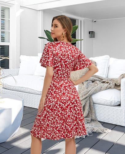 Image of Women Casual Summer Dress 2025 Beach Vacation Floral Sundress Short Sleeve Wrap V-Neck Modest Dresses
