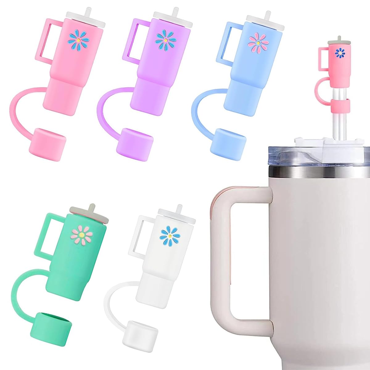 HASTHIP® 5PCS Straw Cover Cap, Straw Protectors with Handle, Cute Silicone Straw Topper for 10mm Diameter Cup Accessories-image-11