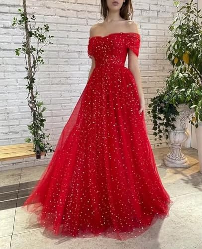 Starry Tulle Prom Dresses for Women Off Shoulder Ball Gowns Formal Party Dresses Long A Line Sparkle Evening Gowns4
