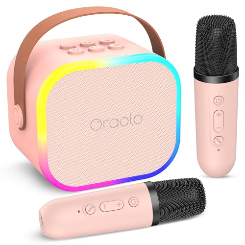 Máquina de karaoke con 2 micrófonos inalámbricos, mini altavoz Bluetooth portátil para niños de cumpleaños para niñas de 3 a 12 años, efectos de voz y luces LED