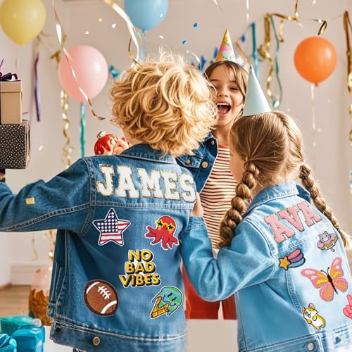 Personalized Kids Denim Jacket with Name and Multiple Element Patches, Back to School Outfits for Girls and Boys, Customized Name Outerwear Birthday Gift for Girls Boy Baby Shower, Toddler Clothes 1-83