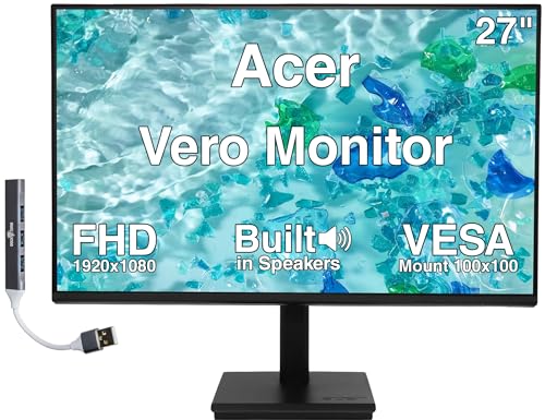 Image of Acer Vero 27 inch FHD USB-C Monitor with Speakers, Anti-Glare | VESA Mount (100mm), Displayport, HDMI & Dockztorm USB Port Expander, Black Color