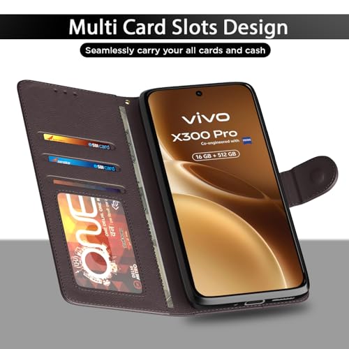 Image of Amazon Basics Flip Cover for Vivo X300 Pro 5G Leather Finish | Wallet Stand and Shock Proof | Inside TPU with Card Pockets | Complete Protection Flip Case (Coffee)