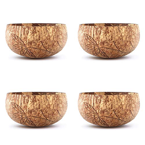 Rainforest Bowls Set of 4 Jumbo Vines Coconut Bowls, 4 Wooden Spoons & 4 Reusable Bamboo Straws - 100% Natural, Hand Carved by Artisans, Eco-Friendly & Sustainable - Smoothie/Acai/Salad Bowls