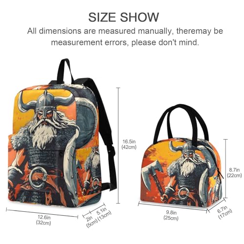 Backpack Lunch Box Set Large Capacity Travel Backpacks and Insulated Lunch Bag for Commute Hiking Picnic Viking Soldier Print2