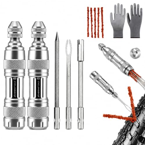 LLELEMAMO Kit de Reparación de Neumáticos Tubeless con Estuche de Aluminio, Kit Tubeless con Horquilla y Escariador, 5 Mechas, Herramienta de Reparación Rápida para Pinchazos (2Pcs-B)