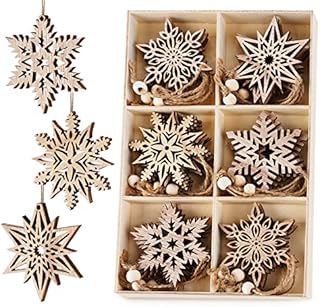HOUISM 24pcs Christmas Snowflakes Ornaments Wooden Tree Hanging Decorations Rustic Wood Crafts Snowflakes Cut-outs Embellishments, 7.5cm