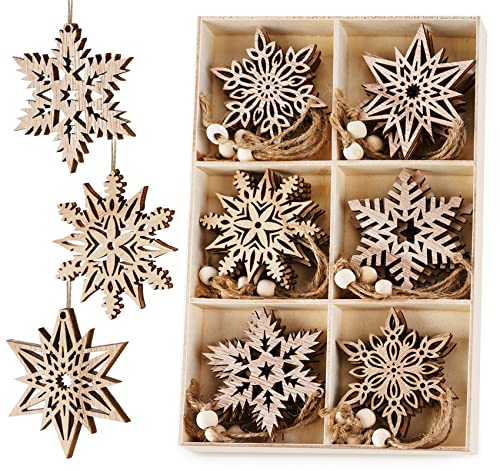 HOUISM 24Stück Weihnachtsbaumschmuck Holz Schneeflocken Anhänger,...