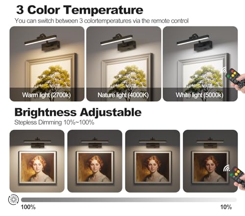 Image of LED Wireless Picture Light with Remote Control,USB Rechargeable Battery Powered Art Lights,Dimmable,Timing,Black Wall Lights for Paintings,Picture Frame,Gallery(Black, 11.62inch)