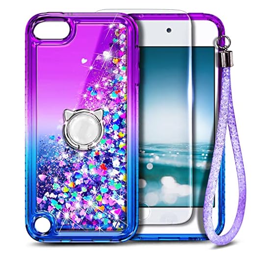 iPod Touch 7 Case, iPod Touch 5/6 Case with Screen Protector, E-Began Glitter Liquid Floating Gradient Quicksand Bling Diamond Durable Girls Cute Case for iPod Touch 7th/6th/5th Generation Purple/Blue