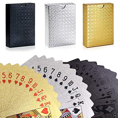 Preisvergleich Produktbild YAASO Spielkarten Wasserdicht Wasserdicht Plastikfolie Poker Karten Set Gold Silber Schwarz, Zaubertricks Werkzeug für Männer Frauen Party Game Show, Packung mit 3 Decks