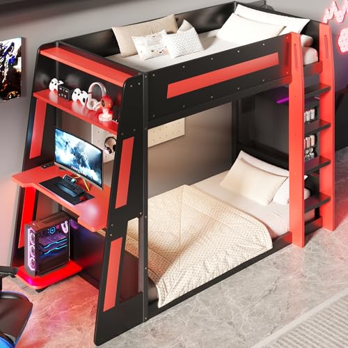 Image of GDFStudio Twin Over Twin Bunk Bed Frame with Desk, USB and LED Light, Solid Wood Gaming Bunk Twin Bed with Storage Shelves, High Loft Bed Twin Size with Under Entertainment Space, Black+Red