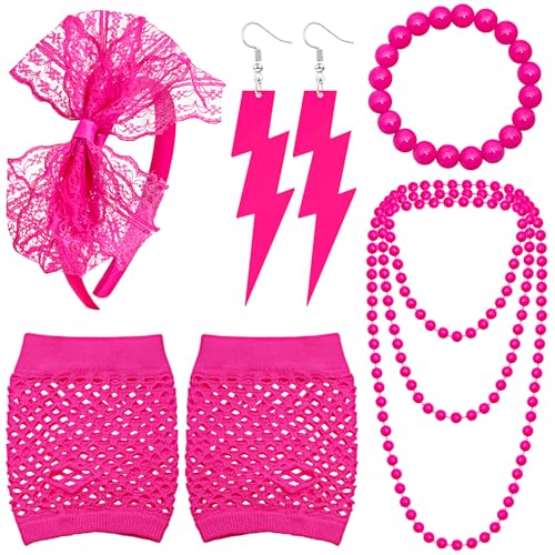 Rose Red 80s Neon Accessories Set - Lace Headband, Fishnet Gloves, Neon Earrings, Necklace & Bracelet for 80's Outfit & Glow Party