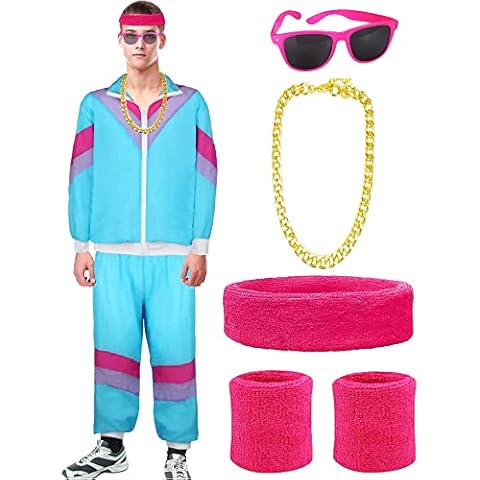 ATOWORLD 90er 80er Jahre Outfit Herren Kostüm 80er Jahre Trainingsanzug Jacke Hose Anzug 80er Accessoire 80er Jahre Kleidung Frauen Männer Erwachsene Partner Karneval Kostüm Bad Taste Party 80iger Cover