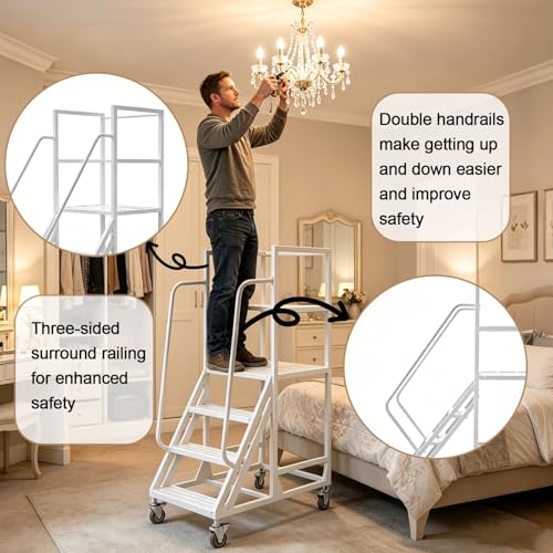 Image of 6 Step Rolling Warehouse Step Ladder, Industrial Mobile Staircase on Wheels, 1100Lbs Weight Capacity, Heavy Duty Mobile Platform Ladder with Handrails, Suitable for Warehouse, Library (White, 6 steps)
