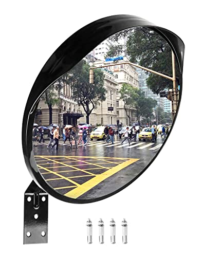 QWORK® Espejo Tráfico Interiores y Exteriores, Convexo de Vigilancia para Carreteras, Almacenes, Garajes, Oficinas y Tiendas (Ø 30 cm, Soporte y Tornillos Incluidos)