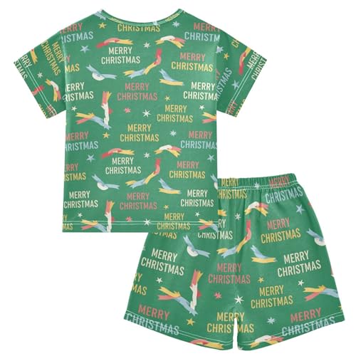 Pajama Short Sets Merry Christmas Pattern on Green Soft Cotton Summer Sleepwear 2 Piece PJS Size 5-14T2