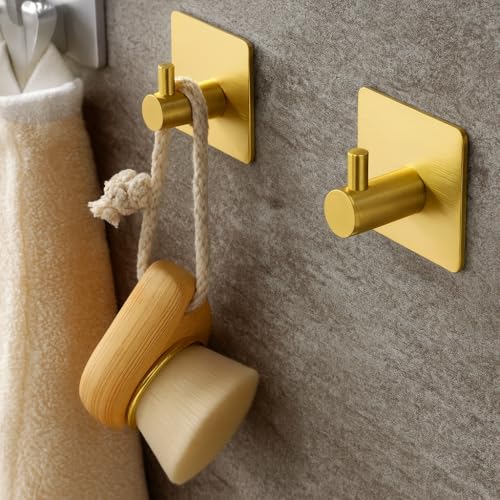 Generisch Selbstklebende Handtuchhaken aus Edelstahl, 4-teiliges Set, Rostfrei, Haken Wandmontage ohne Bohren für Bad und Küche, Quadratische Bademantelhaken (gold)
