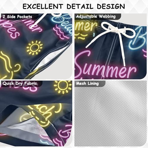 Sun Neon Summer Vibes Beach Inseam Board Shorts Youth Teen Stretch Swim Shorts Drawstring Double Layer Beachwear 2T3