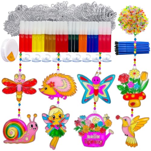 32 Sets Spring Flower Suncatcher Kit Butterfly Suncatchers DIY Window Art Kit Paint Sun Catcher Ornaments for Spring Easter Home Activity Art Craft Project Birthday Party Favors