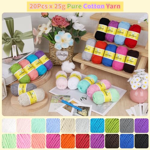 Image of Coopay Mini Soft Cotton Yarn for Crocheting - 20 Pack of 25g /0.88oz - #2 Sport Weight(Fine) - 90 Yards of Crochet Yarn for Beginners, Thin Colorful Yarns Set for Crafts, Starter Kit for Knitting
