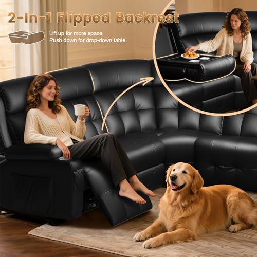 Image of Leather Sectional Couches for Living Room, L Shaped 5 Seats Reclining Sectional Sofa with Massage, USB & Console, Manual Recliner Corner Couch with Flip-Down Backrest & Cup Holders, for Home Theater