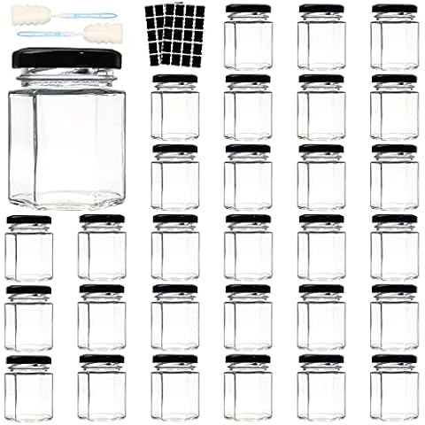 Comrzor 3 OZ Mini Hexagon Glass Jars, 30 Pack Empty Honey Jars Small Spice Jars with Black Lids, Sponge Brushes and 40pcs Labels for Jam, Homemade Projects, Gifts, Wedding Party Favors Cover