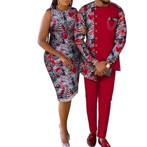 African Couple Outfits Matching Sets African Print Women Pencil Dresses Men Long Sleeve Tops and Pants Set