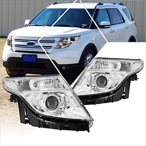 Projector Headlight Assembly Compatible with Ford Explorer 11-15 | Headlamps with Chrome Housing Clear Corner