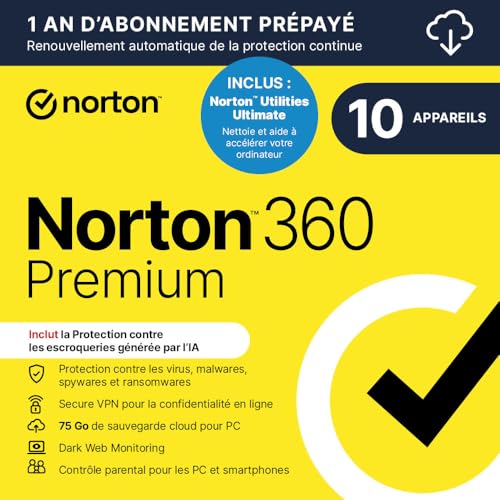 Norton 360 Premium + Norton Utilities Ultimate 2026|10 appareils | 1 An d'Abonnement en renouvellement automatique| Téléchargement