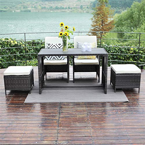 Image of Wisteria Lane 5 Pcs Patio Furniture Dining Set Outdoor All-Weather Square Wicker Dining Table and Chairs with Ottoman Cushioned Stool,Grey Wicker