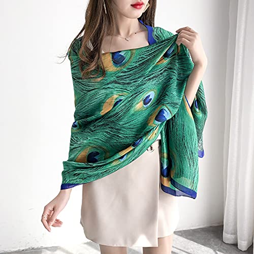 Women Silk Scarf Long Large Peacock Feather Print Wrap Shawl Scarves Headscarf2