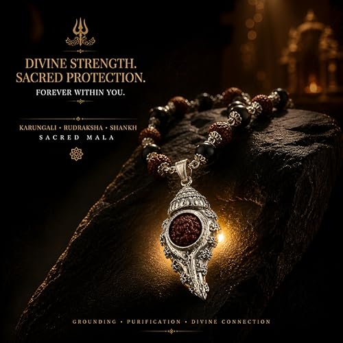 Image of Gratify Karungali Wood & Rudraksha Mala | 54+1 Natural Ebony Beads with Shankh Pendant | Silver-Capped Spiritual Mala for Prayer, Meditation & Positive Energy