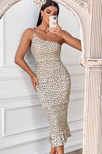 Prettygarden Women's Summer Midi Bodycon Dresses One Shoulder Strappy Tiered Ruffle Floral Boho Sun Dress (Beige Floral,Small) #TOP1