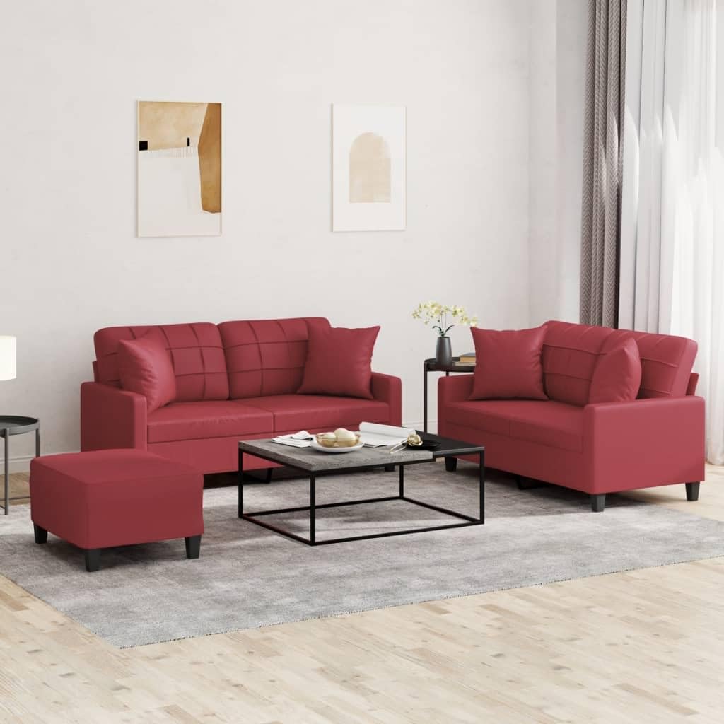 Set di 3 divani con cuscini rosso vino in similpelle resistente, set da soggiorno durevole con struttura robusta, seduta comoda e sgabello versatile