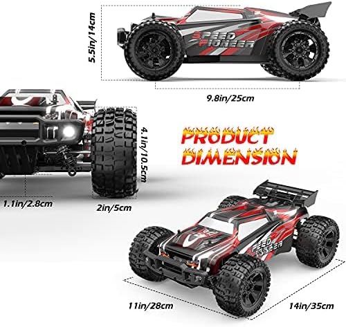 Diagram showing dimensions of DEERC 9206E RC car