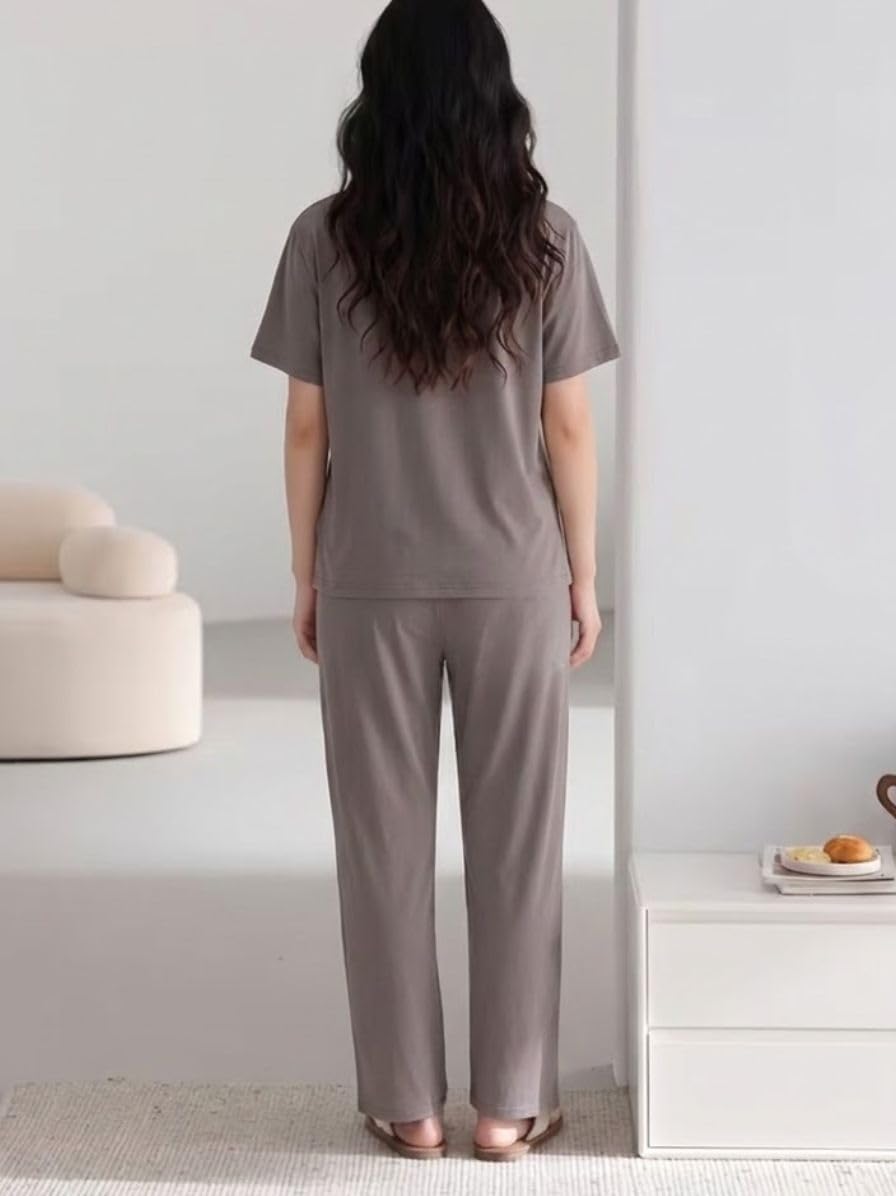 SMOWKLY Conjunto de pijama de dos piezas de mezcla de algodón de alta calidad con bonito estampado para mujer, camiseta elegante con pantalón de pijama, ropa de descanso cómoda