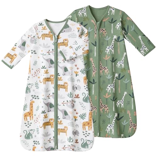 FIEMOL Baby Sleep Sack 12-18 Months, Long Sleeve Baby Wearable Blanket 0.5 Tog with Mittens, 2-Way Zipper Toddler Cotton Sleeping Sack for Boy and Girl Green Giraffe 2 Pack(Large)
