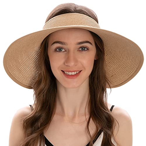 Womens Wide Brim Sun Hat Women Sun Protection Packable Roll Up Straw Sun Visor Hat For Women Summer Sun Hat For Women Foldable Beige/Brown #TOP10