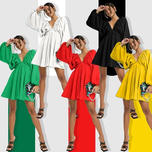 Women's Deep V-Neck Long Puff Sleeve Mini Dress - Sexy Backless Bodycon Dress Soft Flared Hem Dress Summer Spring4