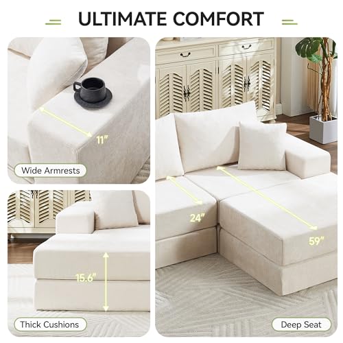 Image of 79 inch Boneless Cloud Loveseat Sofa Couch, Modular Foldable Floor Sofa with Ottoman, Chenille Lounge Convertible Sofa Bed for Living Room, No Assembly, Beige